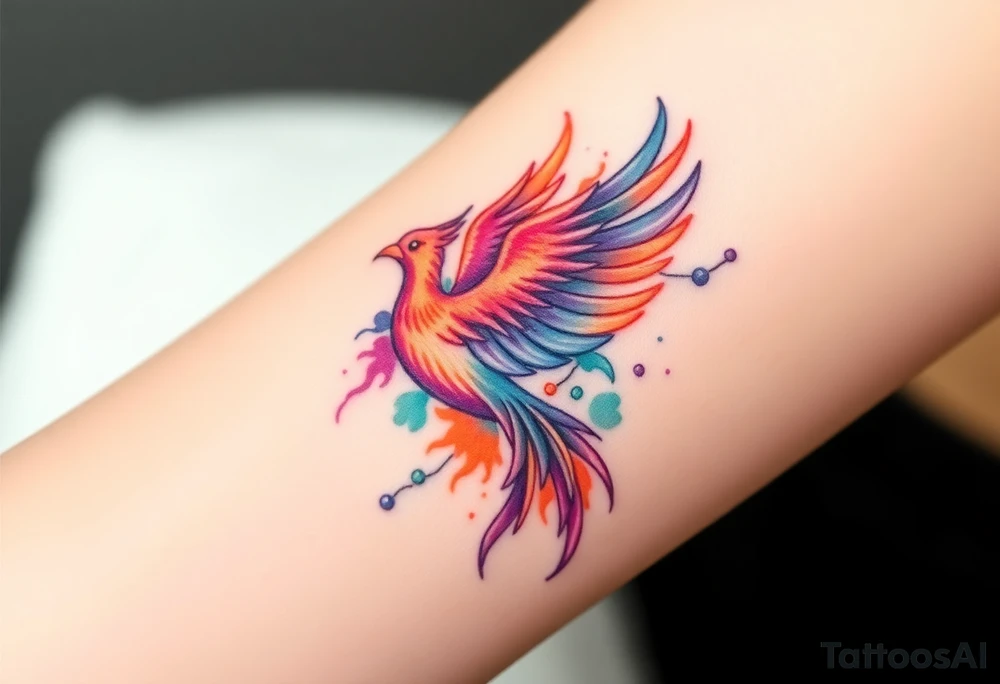 Phoenix in flames with purple, blue, orange, teal and green splashes, looking upwards tattoo idea