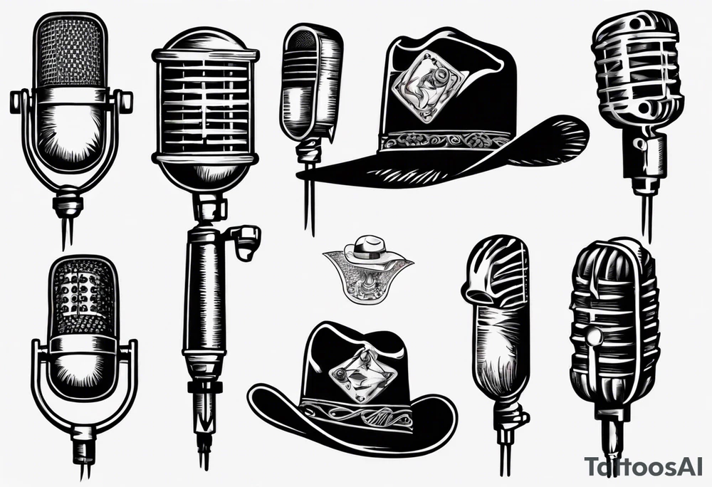 Old school broadcast microphone with cowboy hat on top tattoo idea