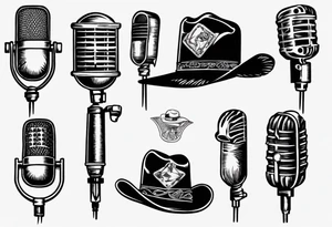 Old school broadcast microphone with cowboy hat on top tattoo idea