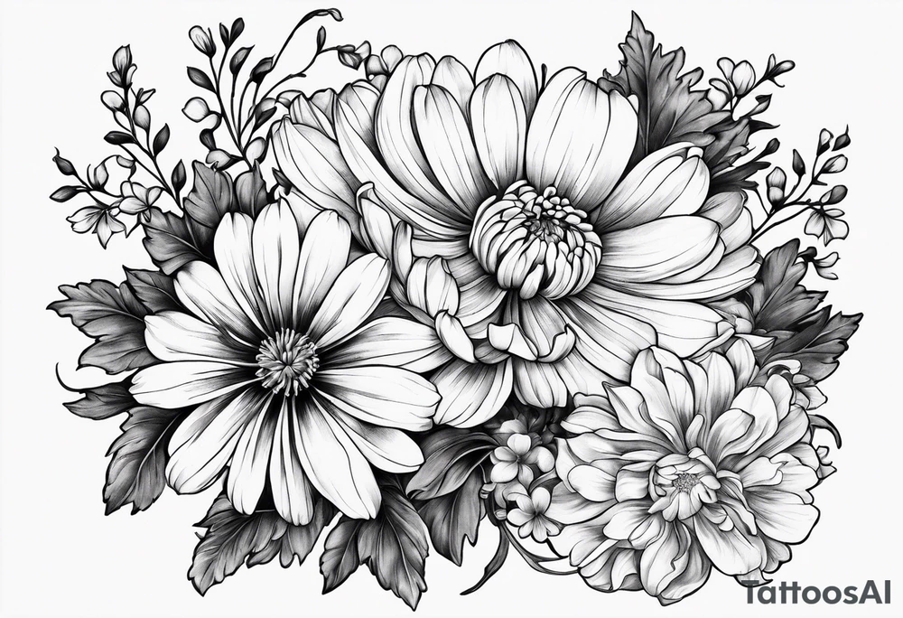 marigold, chrysanthemum, and 
narcissus side by side tattoo idea
