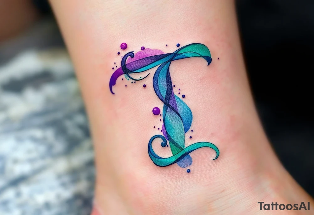 A watercolor-style "T" in shades of turquoise and purple, blending like paint strokes. tattoo idea