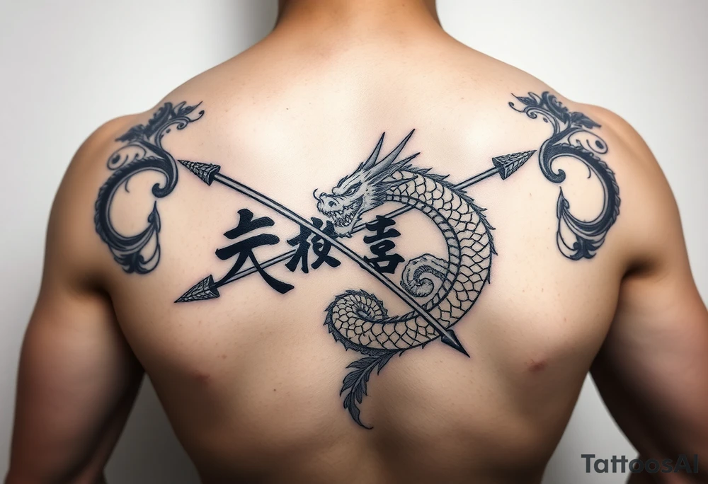 japanese writing with bow and arrow with dragon wrapped around on chest tattoo idea