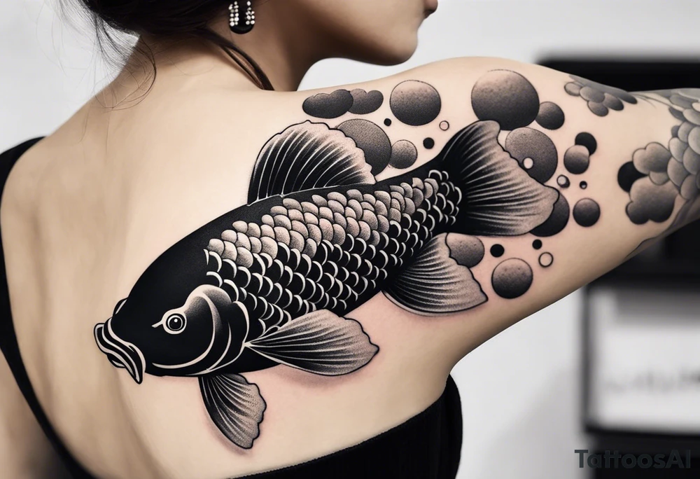 Koi carp, Japanese style clouds, black color, on the shoulder tattoo idea