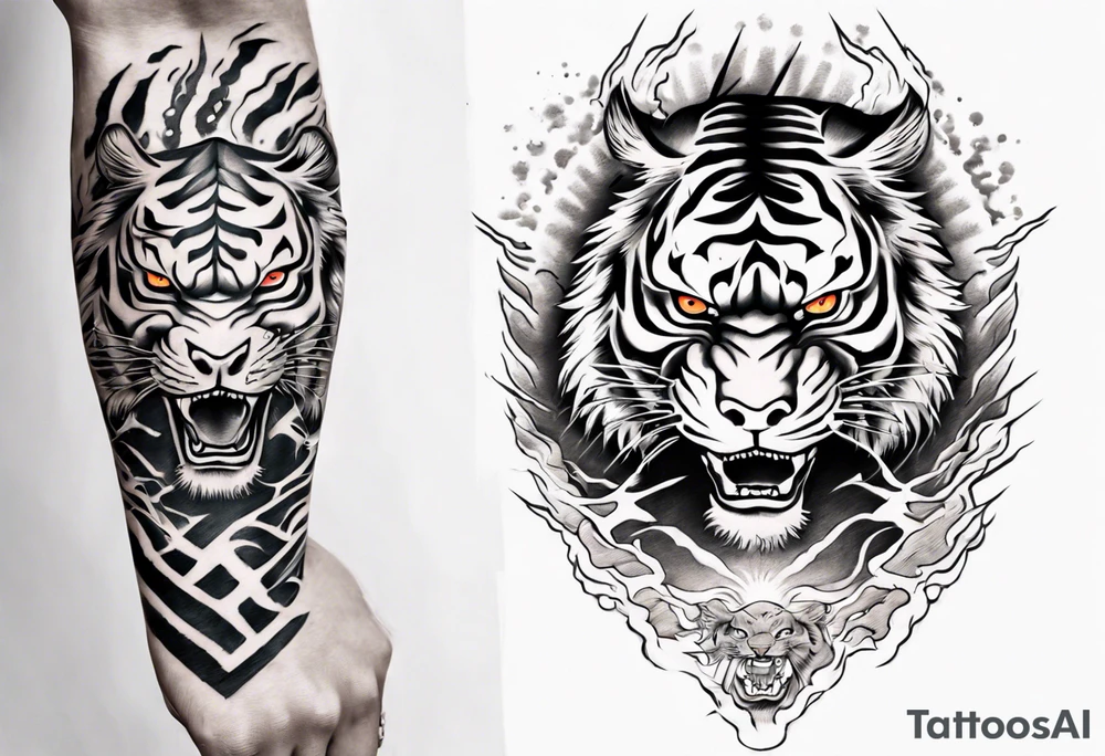 Tiger Warrior sleeve tattoo with lightning and the sun
Forearm sleeve tattoo idea
