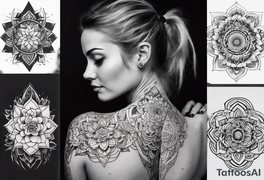 shoulder to elbow tattoo, with beautiful women and mandala tattoo idea