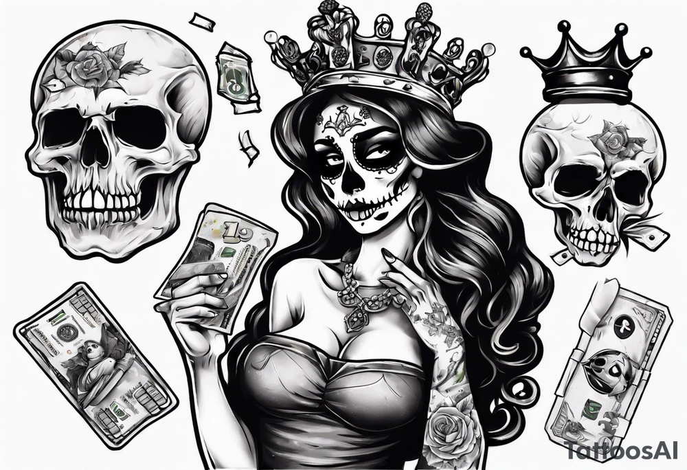 santa la muerta with money and crown
on the card tattoo idea