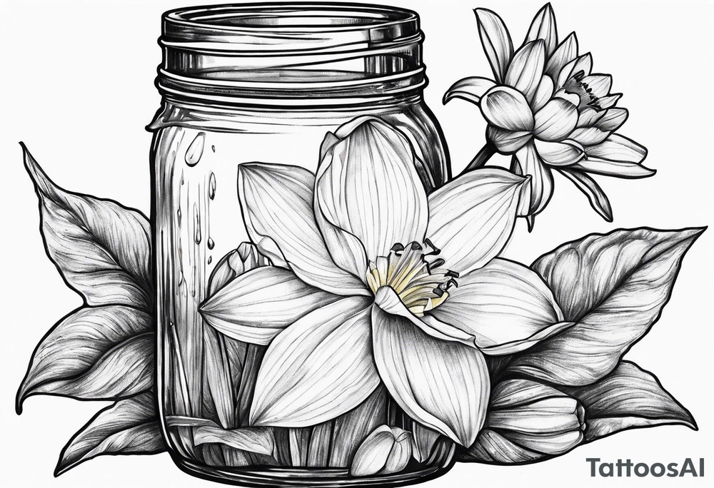 A daffodil a water lily and a morning glory in a mason jar tattoo idea