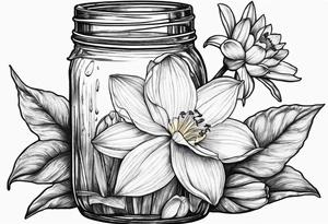 A daffodil a water lily and a morning glory in a mason jar tattoo idea