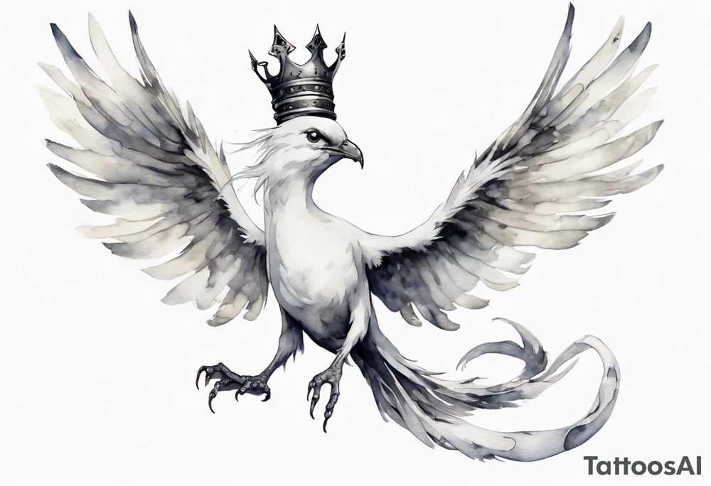 a white bird-serpent hybrid, wearing a pewter crown on its head, flying in the air tattoo idea