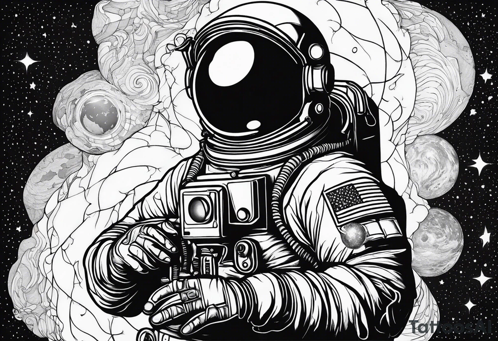 an astronaut hunched over in space from the back holding a planet in his hands tattoo idea