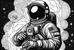 an astronaut hunched over in space from the back holding a planet in his hands tattoo idea