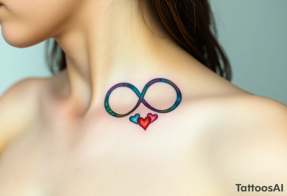 infinity symbol in rainbow colors and hearts at its ending tattoo idea