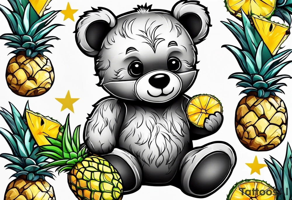 Teddy bear hugging pineapple tattoo idea