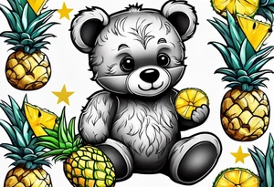 Teddy bear hugging pineapple tattoo idea