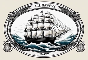 ship in rough seas, front porfile, in oval with rope border, super imposed over crossed cannons, banner at bottom that says US Navy tattoo idea