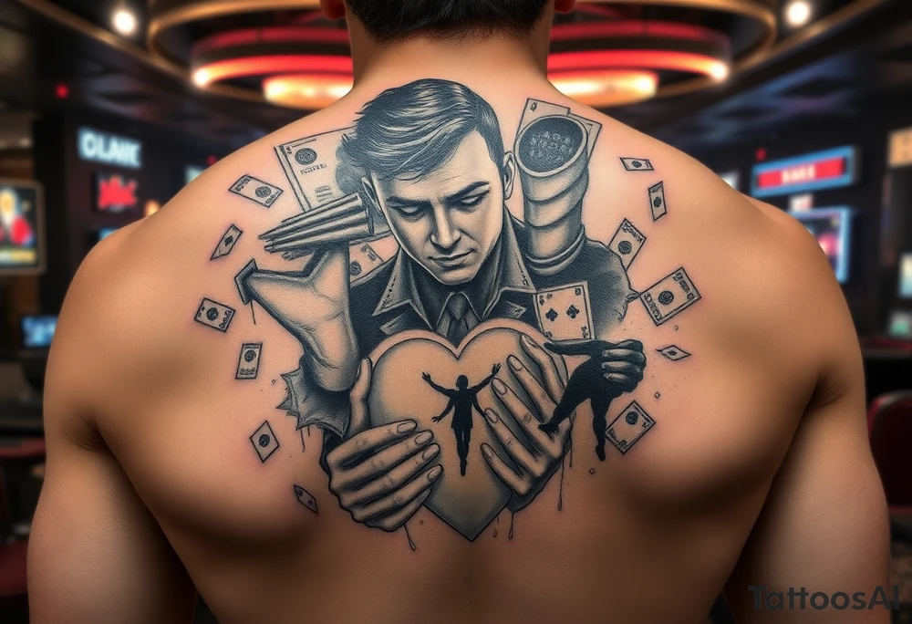 cyberpunk storytelling tattoo for full back, futuristic city casino scene, broken man surrounded by holographic poker cards, shattered heart, falling money, ghost silhouette of a lost lover, neon lights, dramatic lighting, ultra detailed futuristic tattoo design tattoo idea