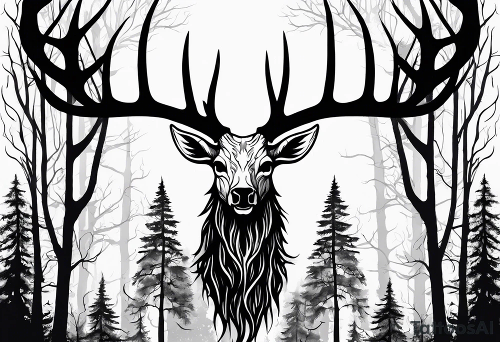 A wendigo with a decayed deer skull head with flames behind in a forest tattoo idea
