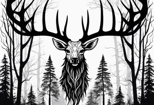 A wendigo with a decayed deer skull head with flames behind in a forest tattoo idea