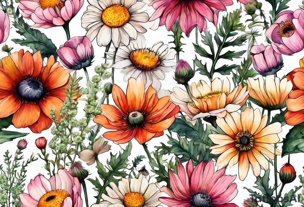 wildflowers with thistles, ferns, white anemones, sun flowers, orange flowers, pink flowers, red flowers, babys breath and daisies all in watercolor tattoo idea