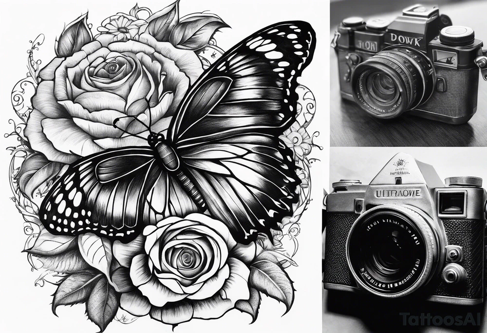 Butterfly, sunflower, camera, book, flower rose tattoo idea Butterfly, sunflower, camera, book, flower rose tattoo idea