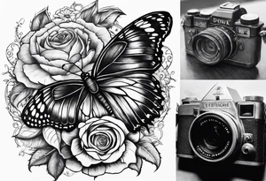 Butterfly, sunflower, camera, book,  flower rose tattoo idea