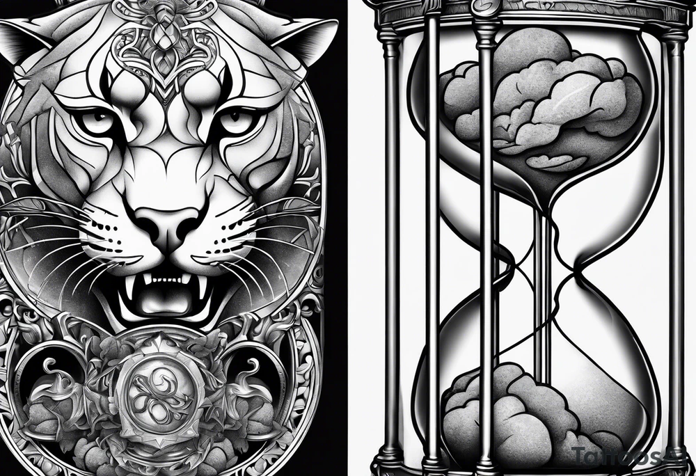 Brain in sagittal and angry cougar inside hourglass tattoo idea
