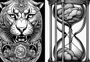 Brain in sagittal and angry cougar inside hourglass tattoo idea
