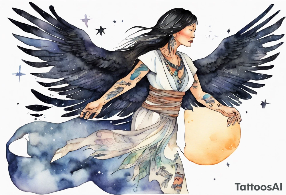 a beautiful 55 year old Dakota woman wearing a tunic, flying in the night sky with raven wings, bare feet tattoo idea