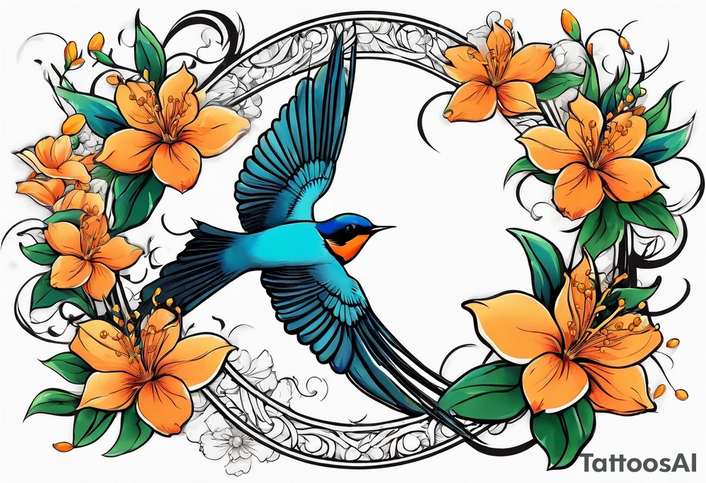 swallow flying off of branch with orange blossoms tattoo idea
