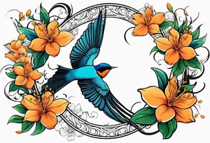 swallow flying off of branch with orange blossoms tattoo idea