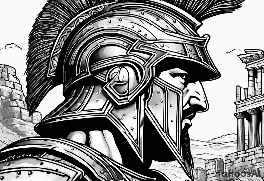 Close up of spartan solider face looking at distant roman ruins tattoo idea