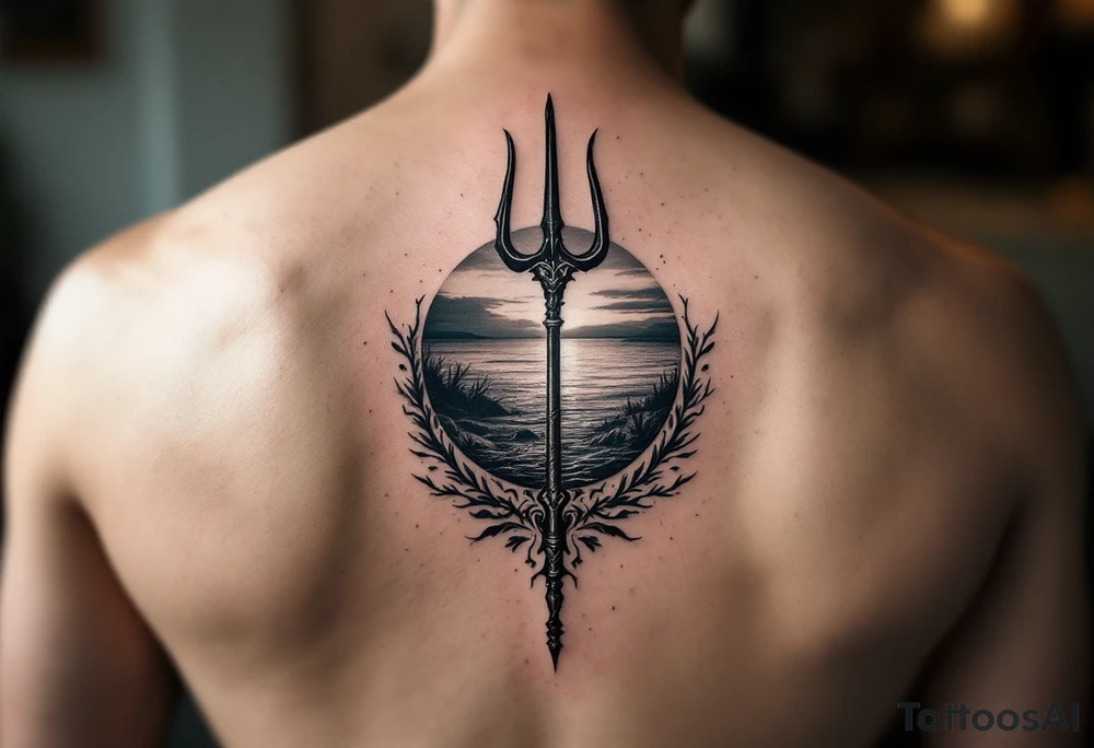 trident with Poseidon half way under calm water at sunset tattoo idea