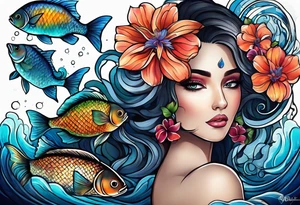 sea, night, flower, fish, republica dominicana tattoo idea