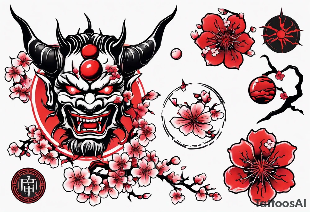 Cherry blossom red sun oni tattoo idea