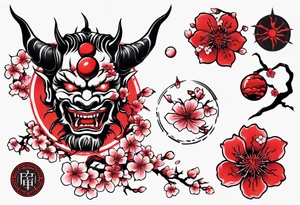 Cherry blossom red sun oni tattoo idea