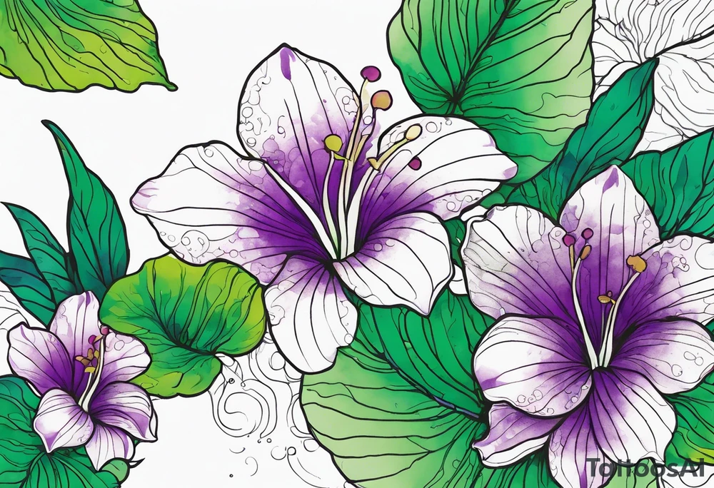 An outline of a green rio dipladenia flower and a purple watercolor splash in the background tattoo idea