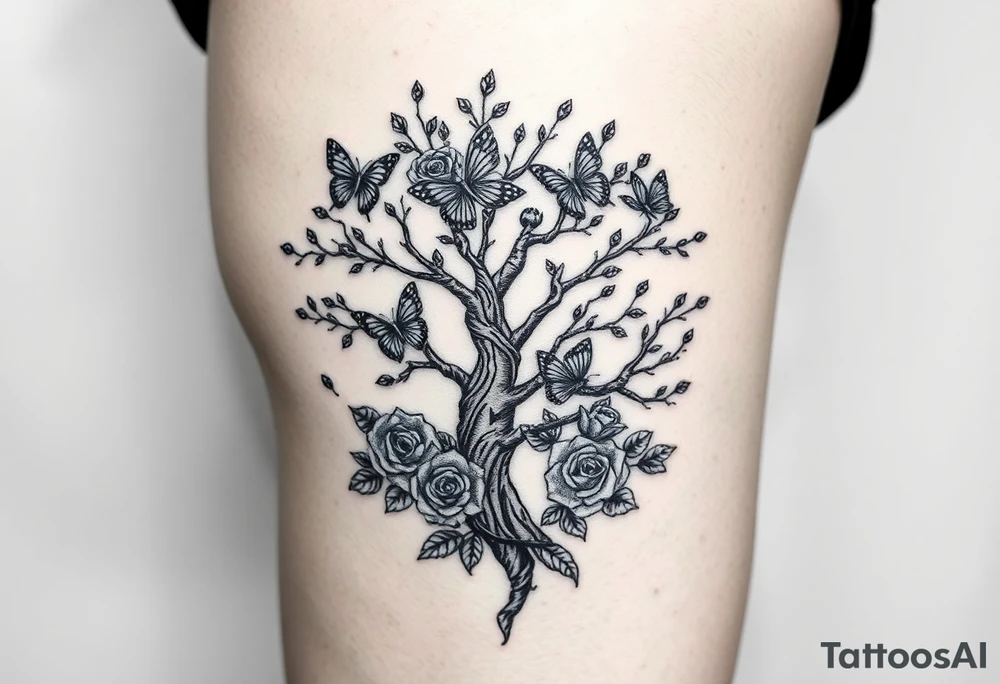 a poisoned tree with butterflies and roses around it and a semicolon somewhere in there on the thigh tattoo idea