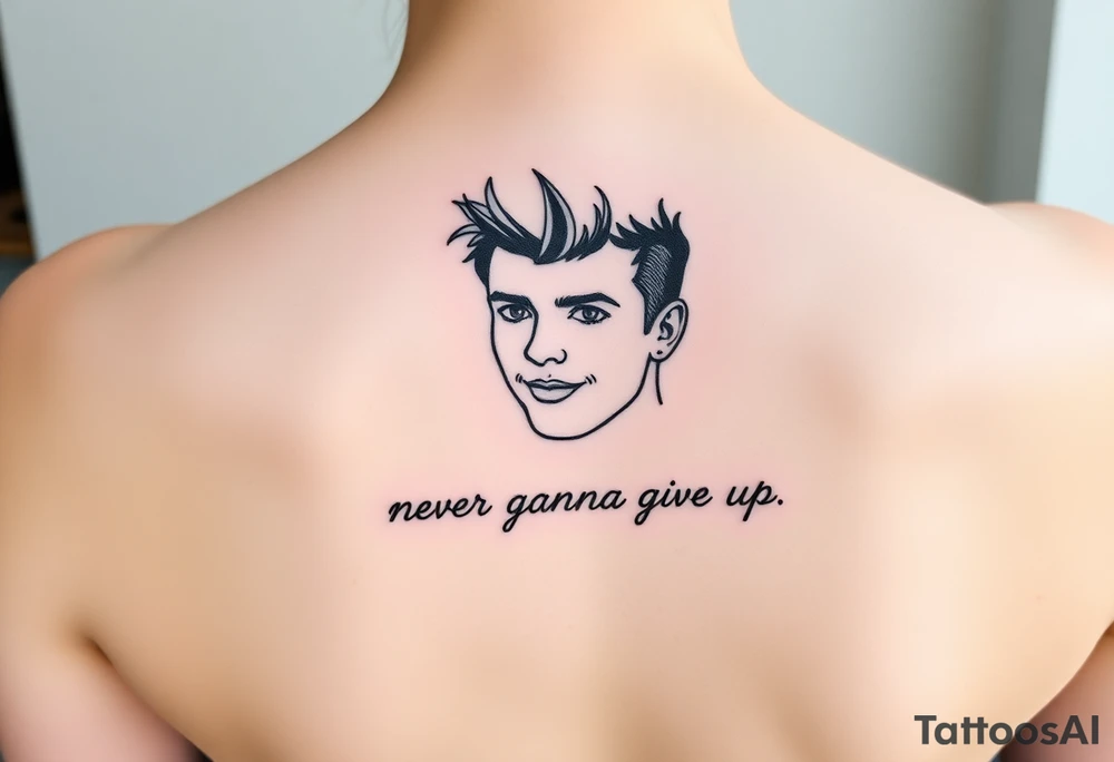 Young Rick Astley Face and Never Gonna Give You Up text tattoo idea