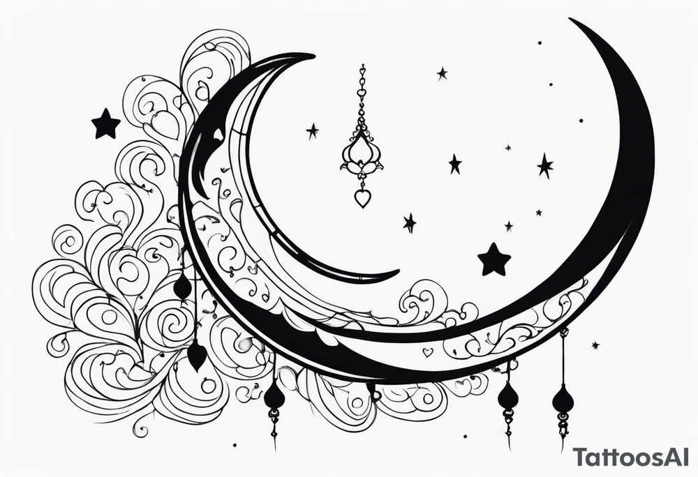 Crescent moon with hearts dangling from the bottom of it tattoo idea