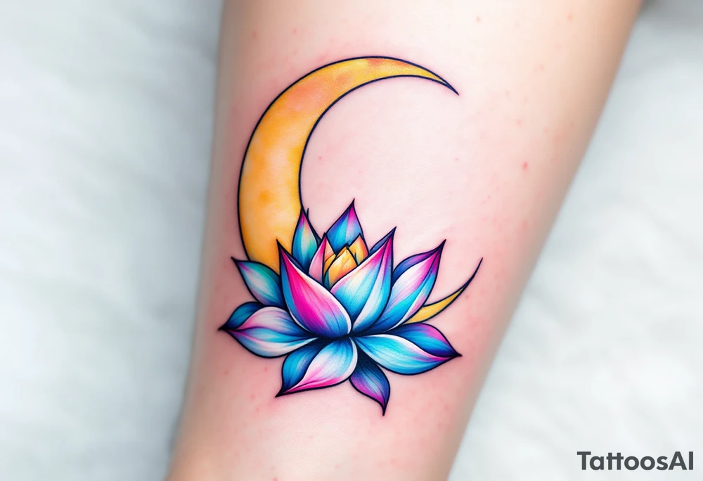 tiny colorful crescent moon with lotus flower tattoo idea