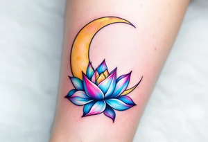 tiny colorful crescent moon with lotus flower tattoo idea