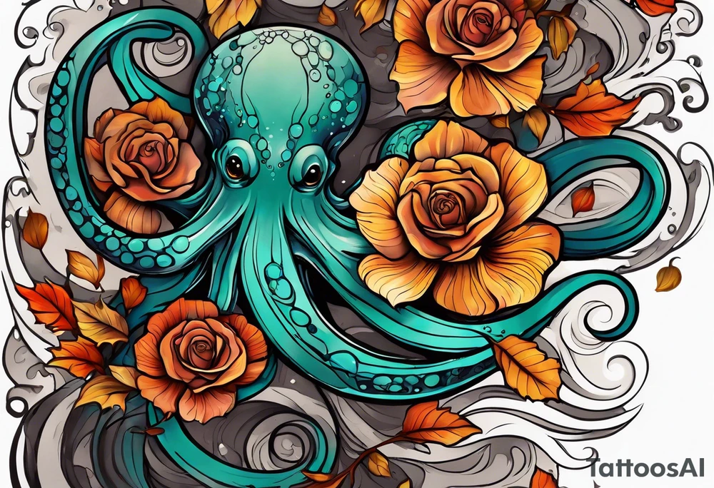 masculine abstract left thigh tattoo with a large long flowing octopus in water swirls wrapping around rocks, with a rose, in fall colors with some small leaves and fall elements tattoo idea