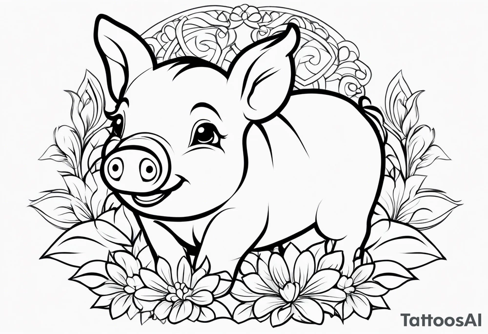 very cute happy piglet.
outline only.
black and white only.
only show the piglet. no extra lines or decoration.
no black shading.
dont make the ears too big.
draw only with very thin lines (1px)

should look like a tattoo that will only take 15 minutes to draw tattoo idea