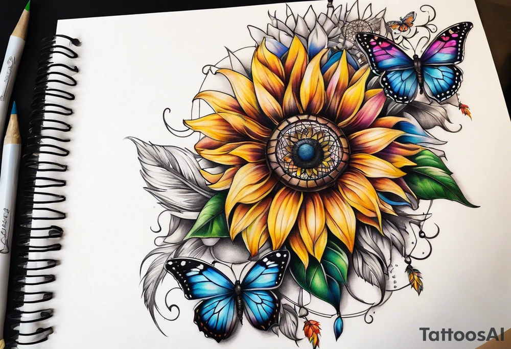 Quarter Leg sleeve with dreamcatcher, rainbow sunflowers and one butterfly tattoo idea