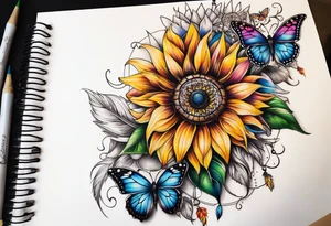 Quarter Leg sleeve with dreamcatcher, rainbow sunflowers and one butterfly tattoo idea