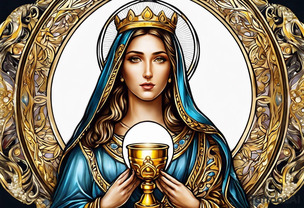 holy saint woman with golden halo holding a chalice tattoo idea