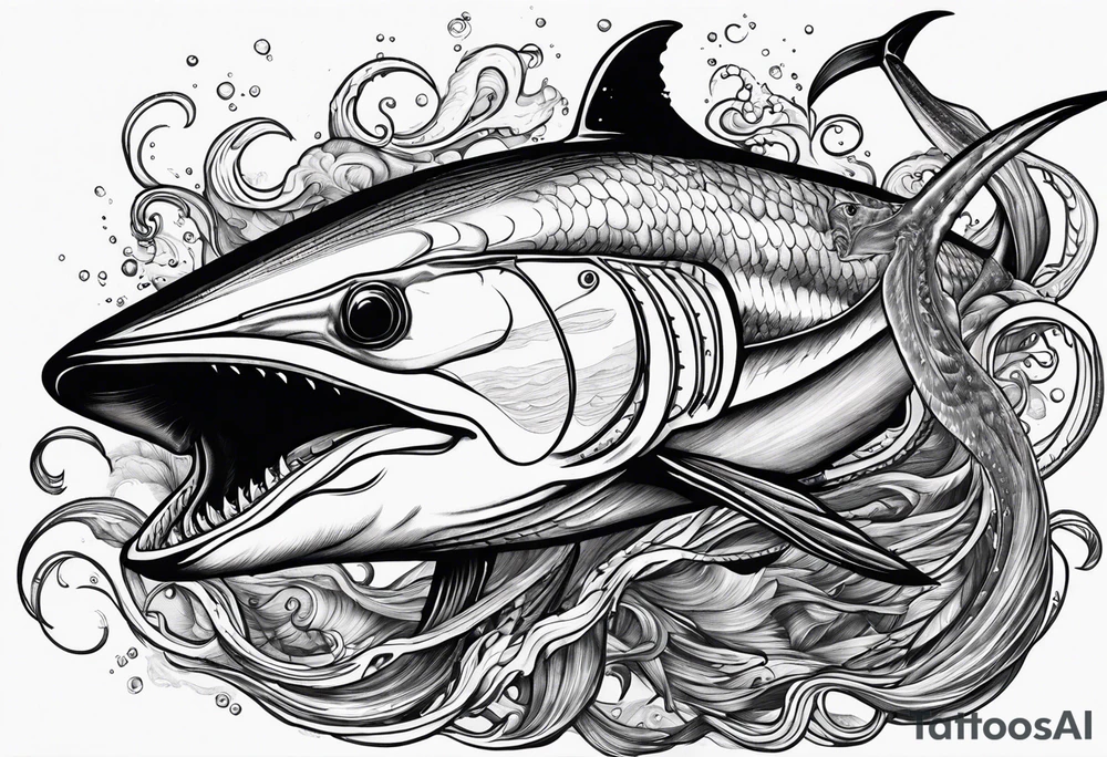 Giant squid fight with and pulling down a black marlin. tattoo idea