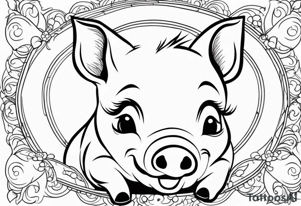 very cute happy piglet.
outline only.
black and white only.
only show the piglet. no extra lines or decoration.
no black shading.
dont make the ears too big.
draw very thin lines

should look like a tattoo that will only take 15 minutes to draw tattoo idea