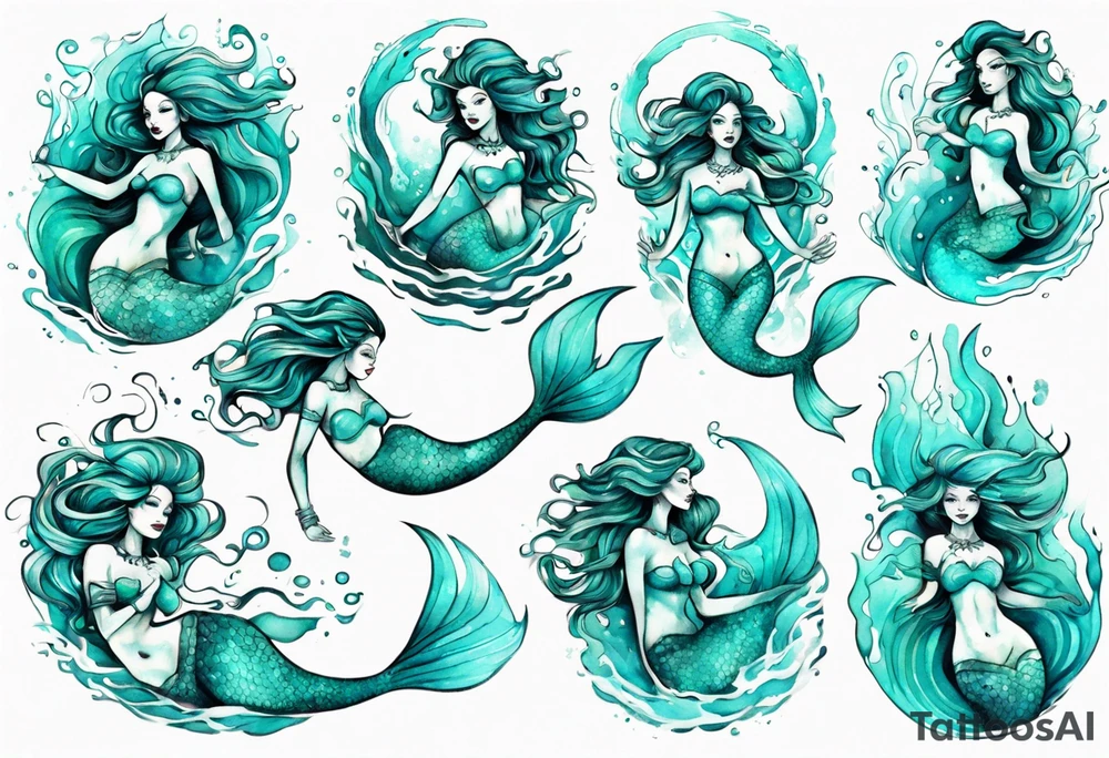 a turquoise mermaid swimming in the sea surrounded by crashing waves tattoo idea