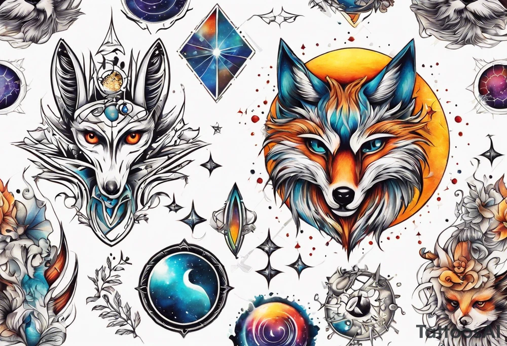 fisch, fuchs und eule , symetrie  sonne, universum, bunt tattoo idea